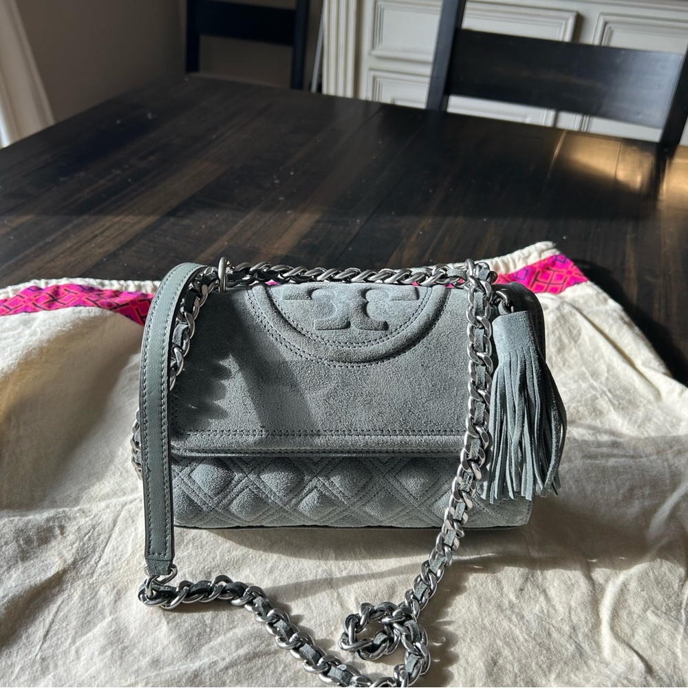 Tory Burch small Fleming convertible shoulder bag in grey suede